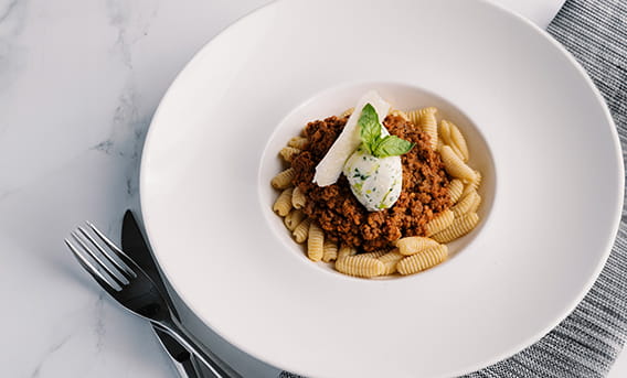 Bolognese with wagyu beef, red sauce, and herbs.