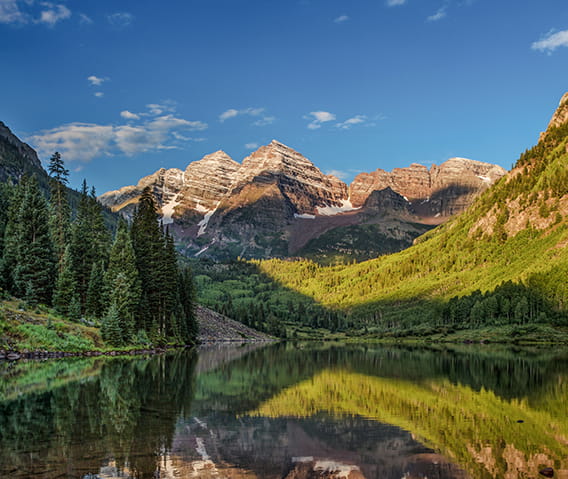 The picturesque Maroon Bells in the summertime.