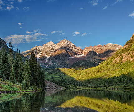 The picturesque Maroon Bells in the summertime.