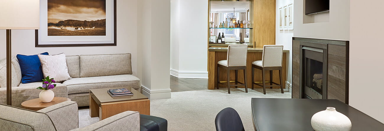 Luxury one bedroom mountainside suites have fireplaces and fully stocked bars.