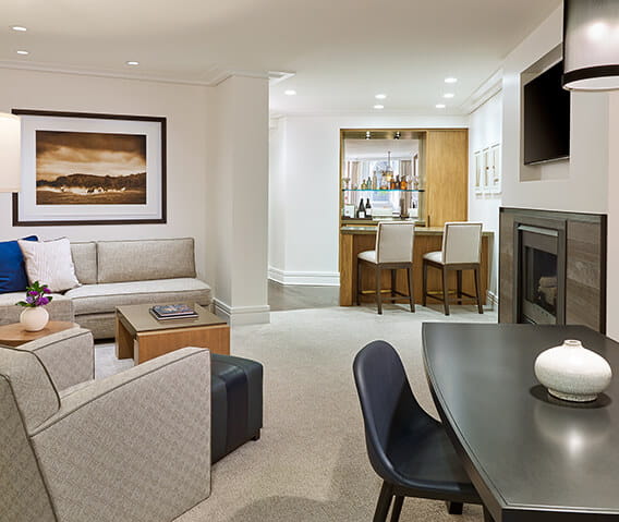 Luxury one bedroom mountainside suites have fireplaces and fully stocked bars.