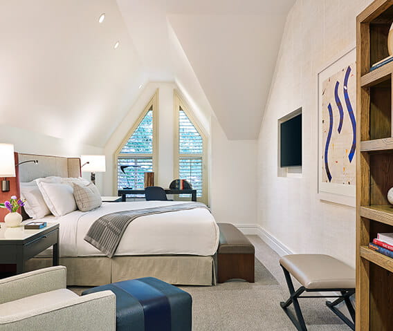 The master bedroom in a one bedroom town side suite at The Little Nell in Aspen.