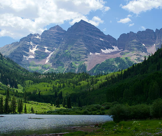 The iconic Maroon Bells peaks in the summertime.