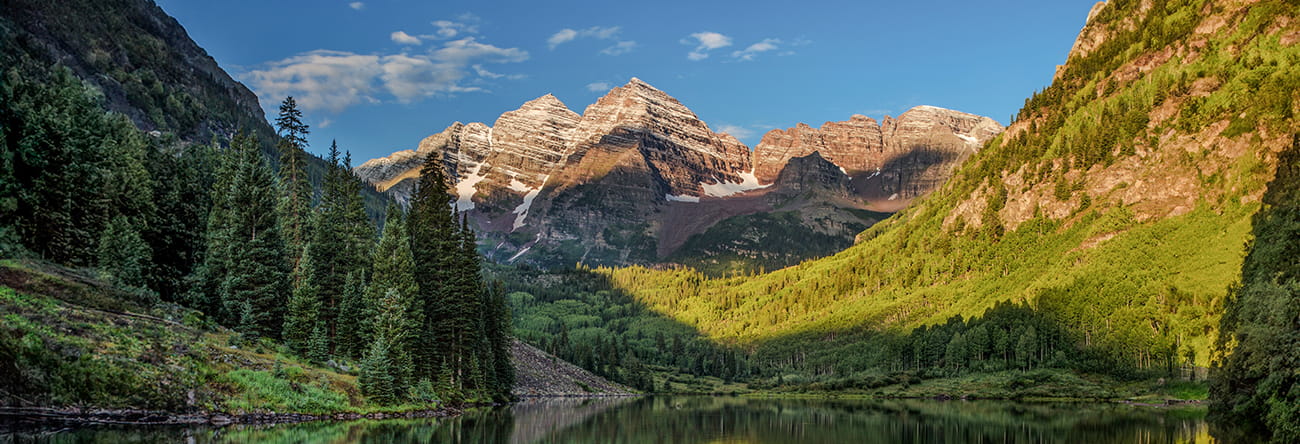 The picturesque Maroon Bells in the summertime.