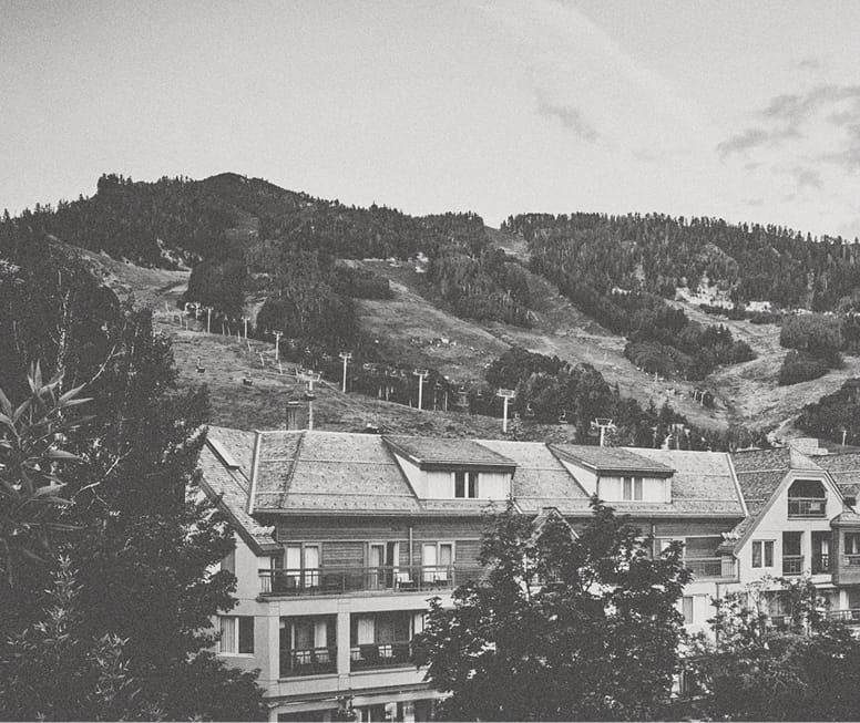 black and white image of hotel exterior