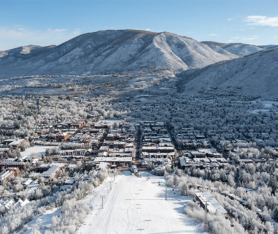 View from Aspen mountain looking at the town in the winter.