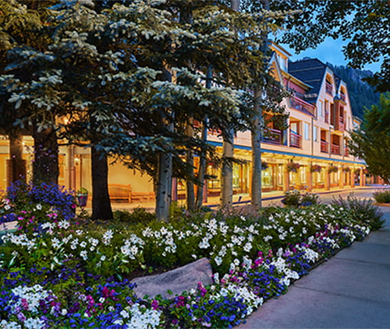 The Little Nell sidewalk with storefronts and flower beds in the evening.