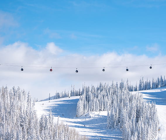 Gondolas in the distance on the snow covered Aspen Mountain with blue skies. 