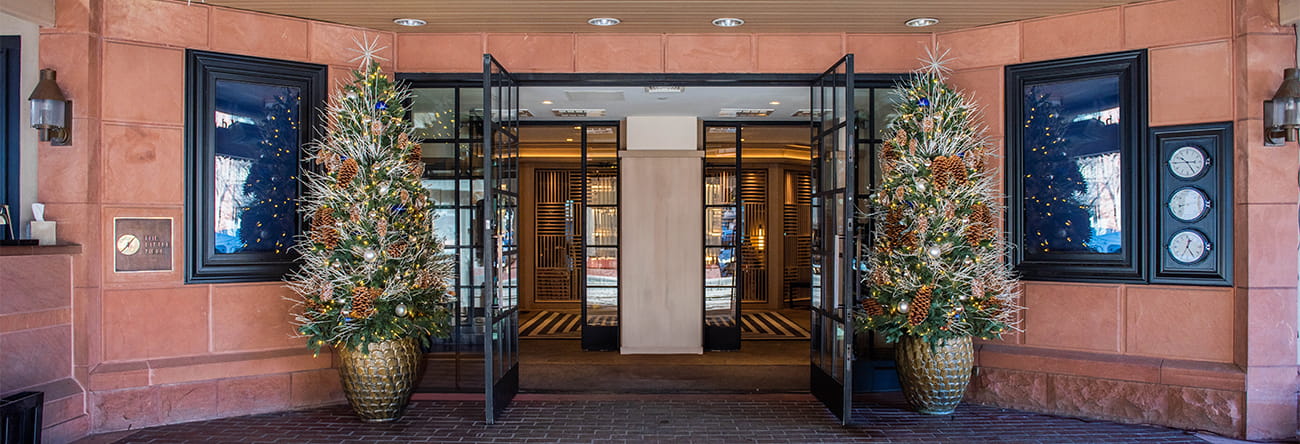 The Little Nell hotel entrance with festive decorations