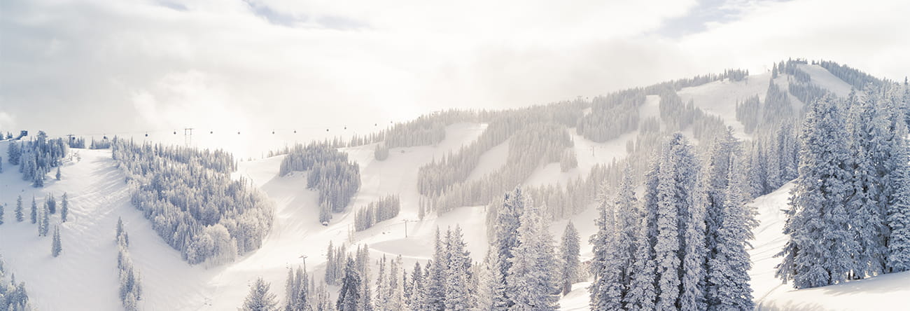Snowy mountain top with a gondola in the distance.