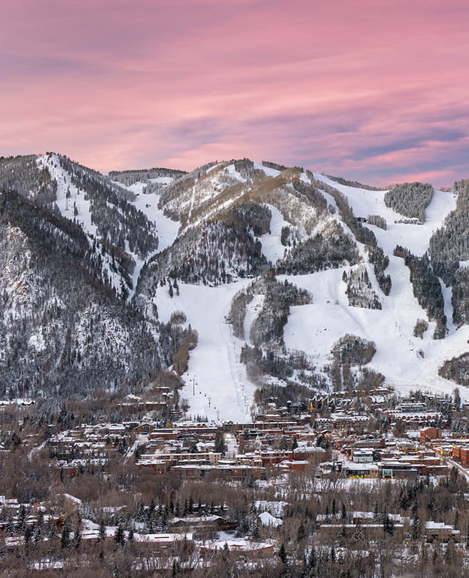 aerial view of aspen and mountains in the winter