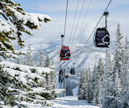 Gondolas going down Aspen Mountain with snowy trees and mountains 