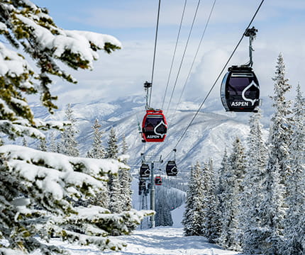 Gondolas going down Aspen Mountain with snowy trees and mountains 