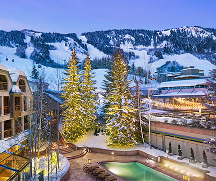 The Little Nell courtyard and heated pool in the winter.