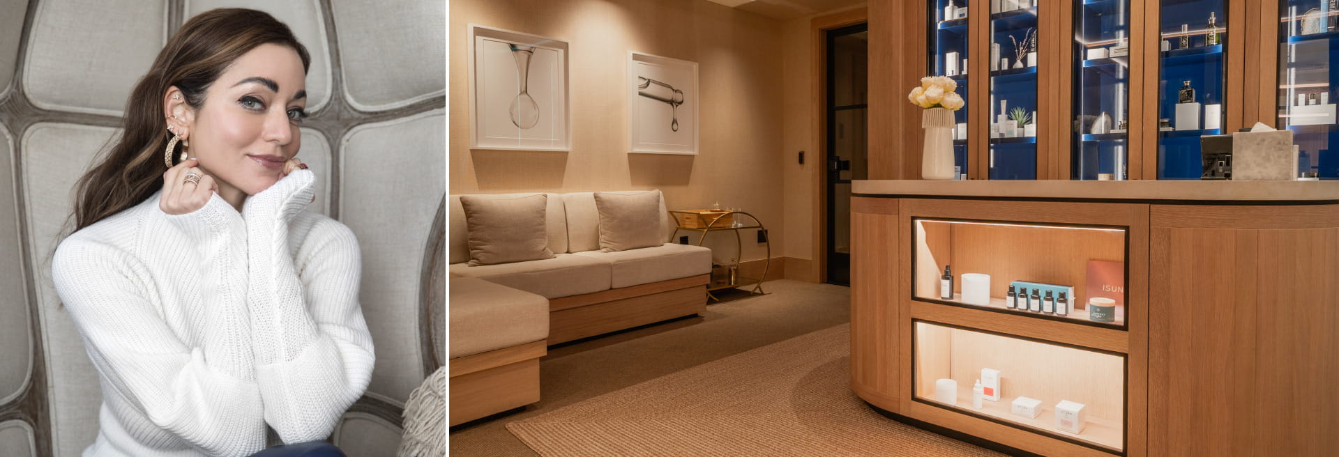 woman next to image of spa waiting area