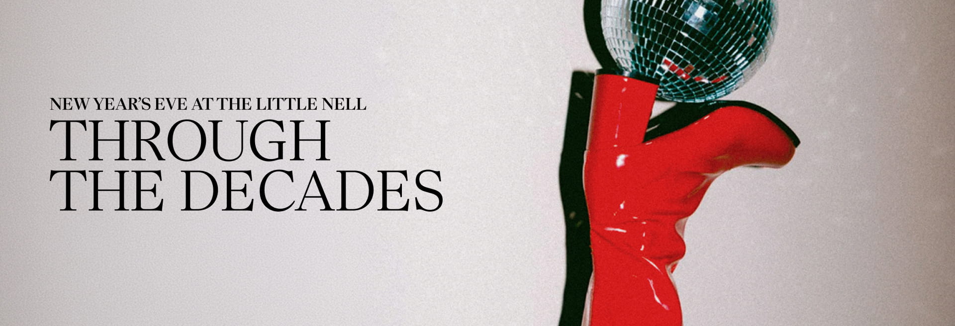 graphic with red boot and disco ball that says "through the decades"